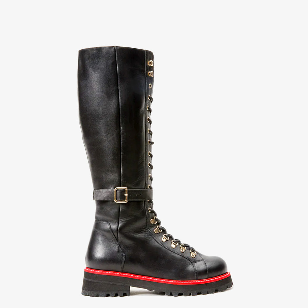 The Istinye Black Leather Knee High Lace-Up Boot Limited Edition On Sale
