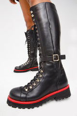 The Istinye Black Leather Knee High Lace-Up Boot Limited Edition On Sale