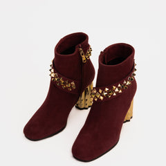 The Metal Burgundy Suede Leather Block Heel Boot All New