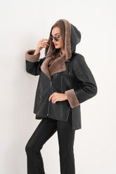 The Duchess Shearling Brown Leather Hooded Jacket On Sale