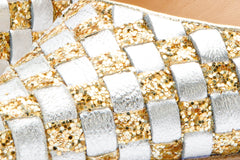 The Saks Tory Gold Silver Handwoven Leather Pump Shoe For Sale