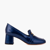 The Victoria Navy Blue Leather Block Heel Pump Shoe For Sale