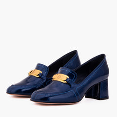 The Victoria Navy Blue Leather Block Heel Pump Shoe For Sale