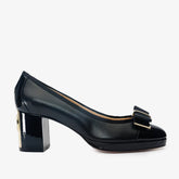 The Fano Black Leather Cap Toe Block Heel Pump Shoe All New