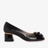 The Diva Black Leather Cap Toe Block Heel Pump Shoe On Sale