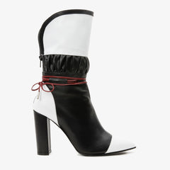 The Lucca Black White Leather Mid Calf High Heel Boot Limited Edition Universal Fit