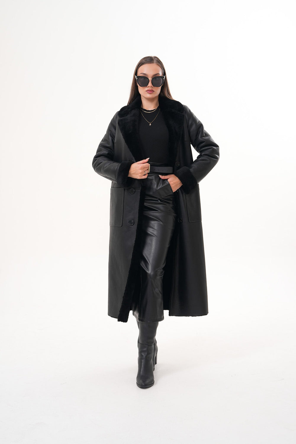The Raven Long Shearling Black Leather Leather Jacket On Sale