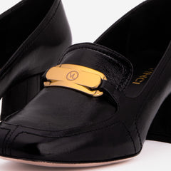 The Victoria Black Leather Block Heel Pump Shoe For Sale