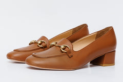 The Delhi Brown Leather Block Heel Pump Shoe Universal Fit