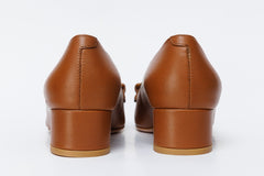 The Delhi Brown Leather Block Heel Pump Shoe Universal Fit