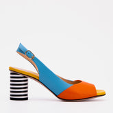 The Spectrum Blue \/ Orange Block Heel Leather Sandal On Sale