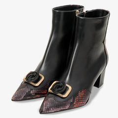 Gray Black Fuchsia Leather Block Heel Boot For Sale