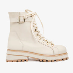 The Belgrano Cream Leather Lace-Up Ankle Boot With a Side Zipper All New