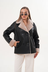 The Zurich Double-Breasted Cream Shearling Collar Leather Jacket For Sale