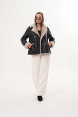 The Zurich Double-Breasted Cream Shearling Collar Leather Jacket For Sale