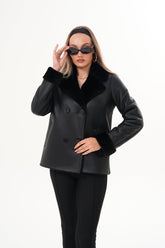 The Zurich Double-Breasted Black Shearling Leather Jacket Universal Fit
