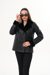 The Zurich Double-Breasted Black Shearling Leather Jacket Universal Fit