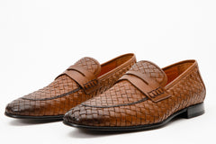The Grand Woven Leather Tan Shoe Penny Loafer Universal Fit