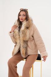 The Elise Beige Shearling Leather Jacket On Sale