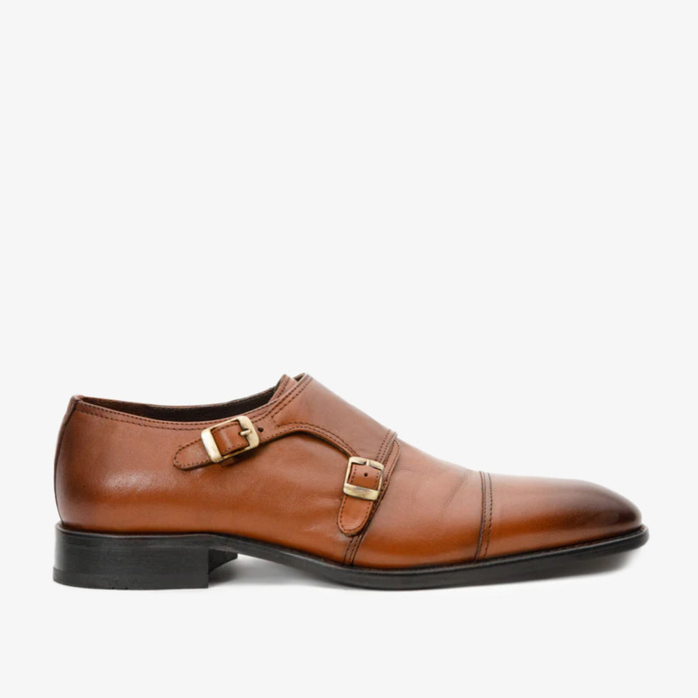 The Essen Brown Cap Toe Double Monk Strap Shoe For Sale