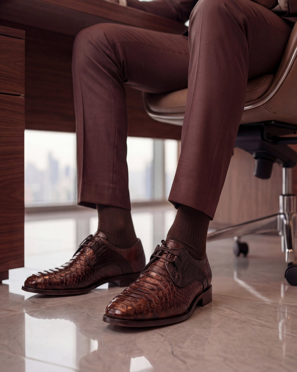 The Valmont Tan Python Leather Derby Shoe On Sale