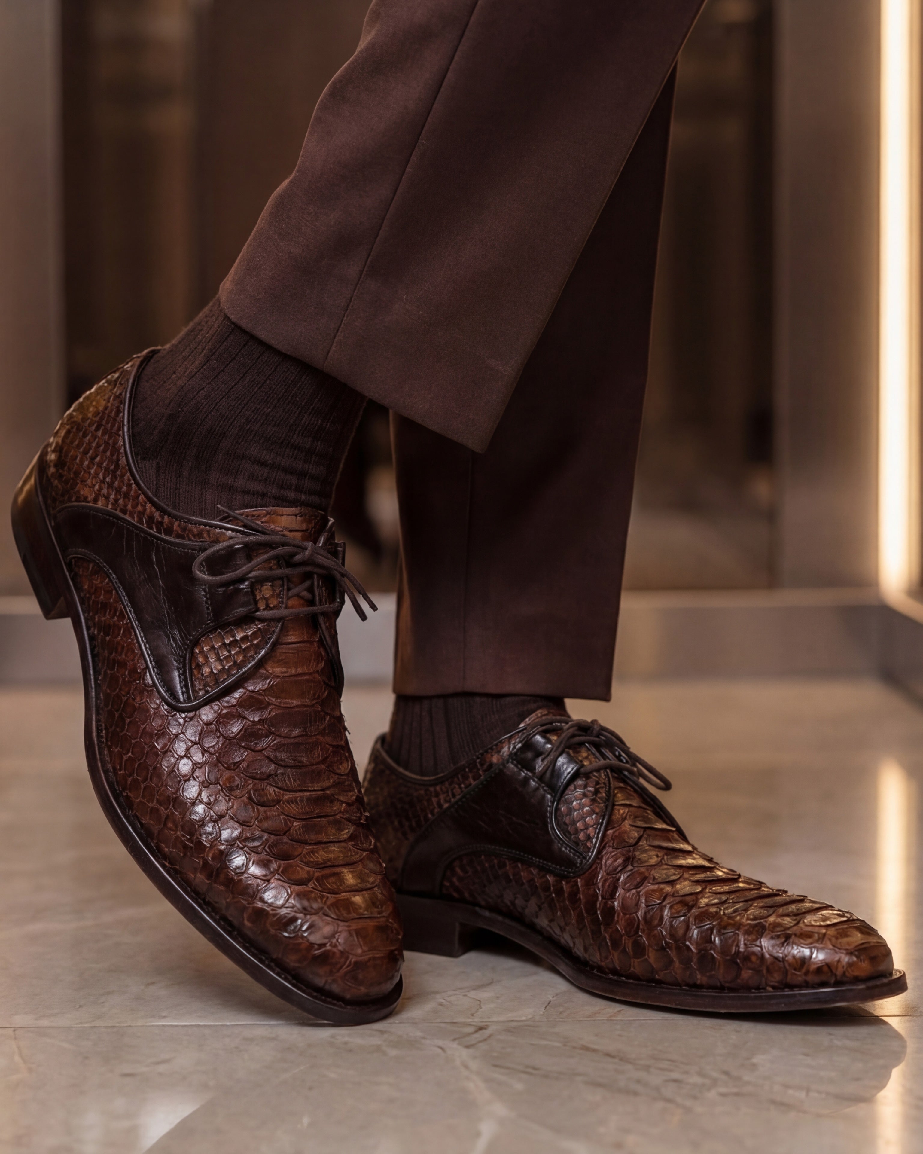 The Valmont Tan Python Leather Derby Shoe On Sale