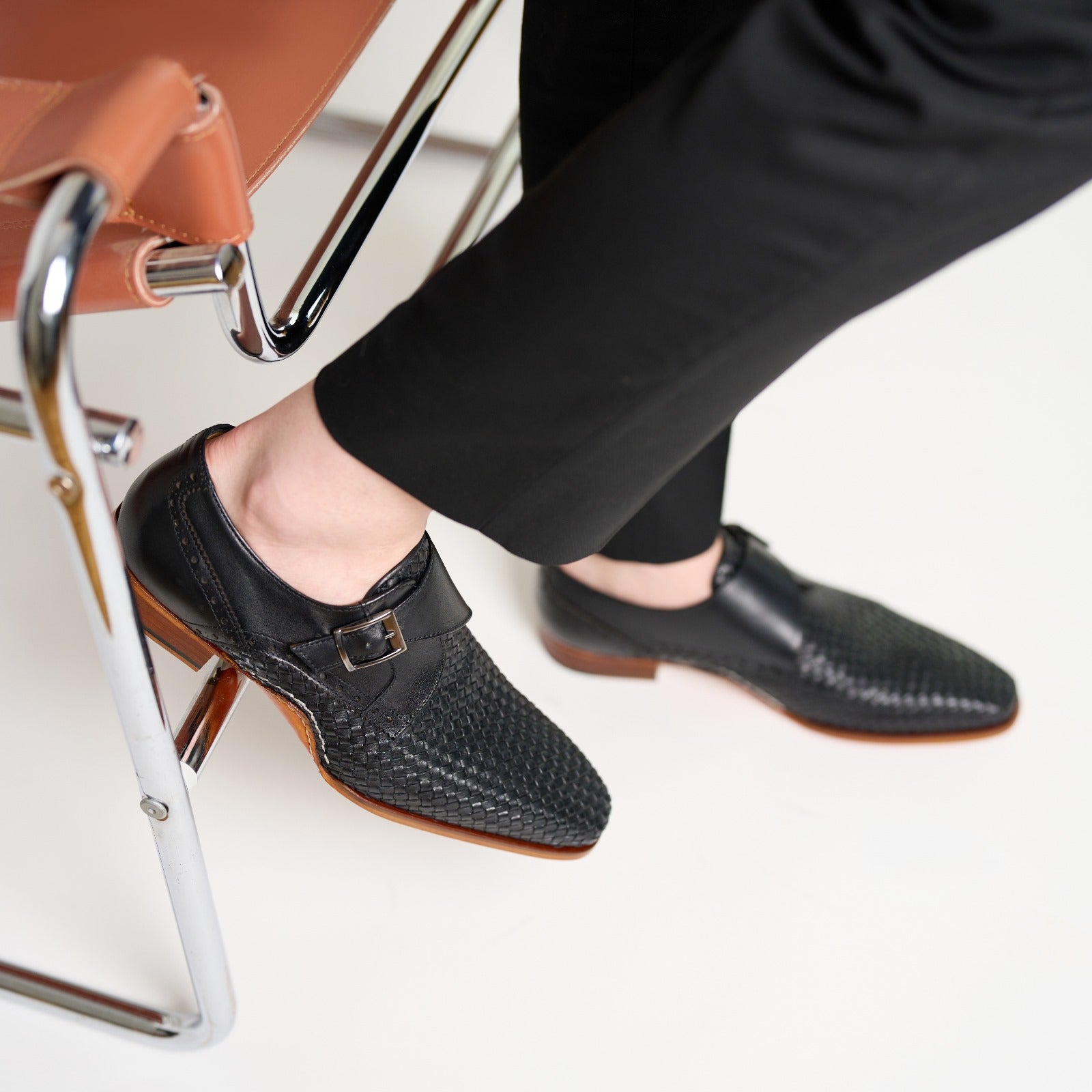 The Rolls  Woven Black Leather Single Monk Strap  Handmade Shoe All New