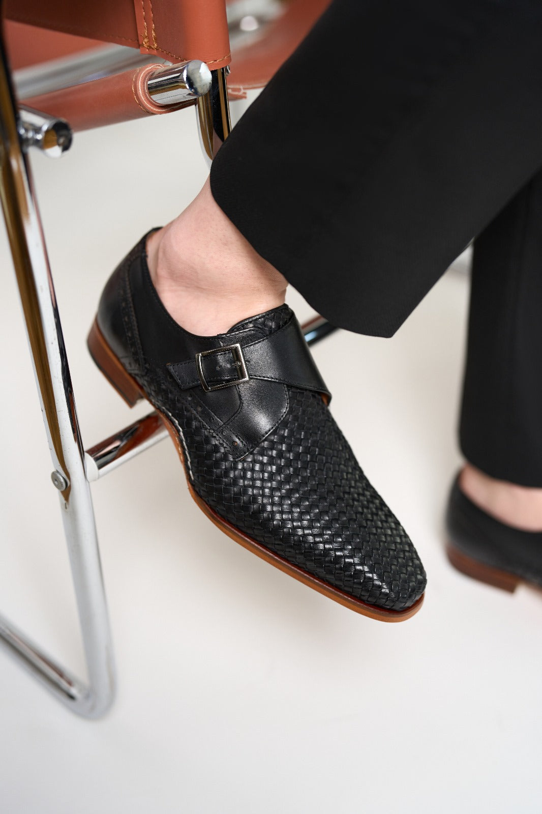 The Rolls  Woven Black Leather Single Monk Strap  Handmade Shoe All New