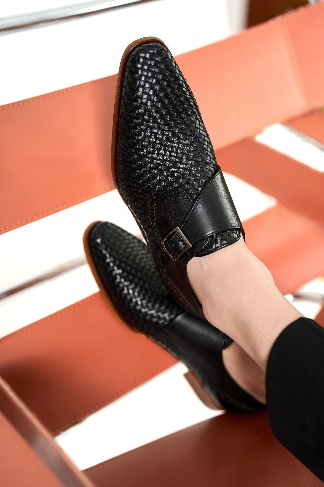 The Rolls  Woven Black Leather Single Monk Strap  Handmade Shoe All New