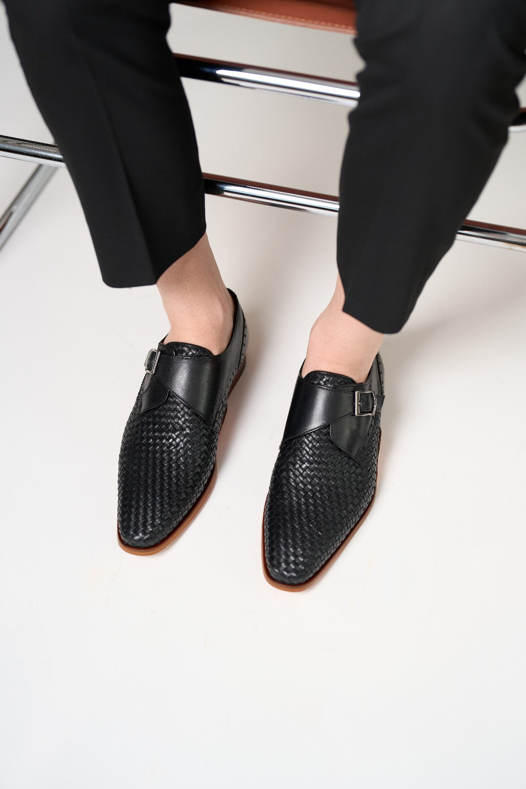 The Rolls  Woven Black Leather Single Monk Strap  Handmade Shoe All New