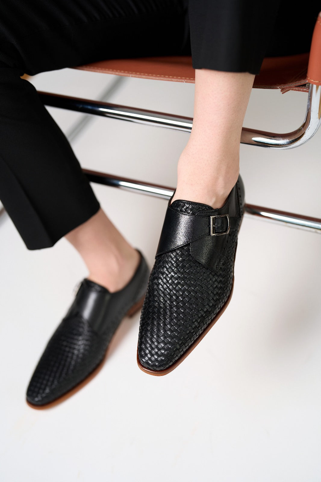The Rolls  Woven Black Leather Single Monk Strap  Handmade Shoe All New