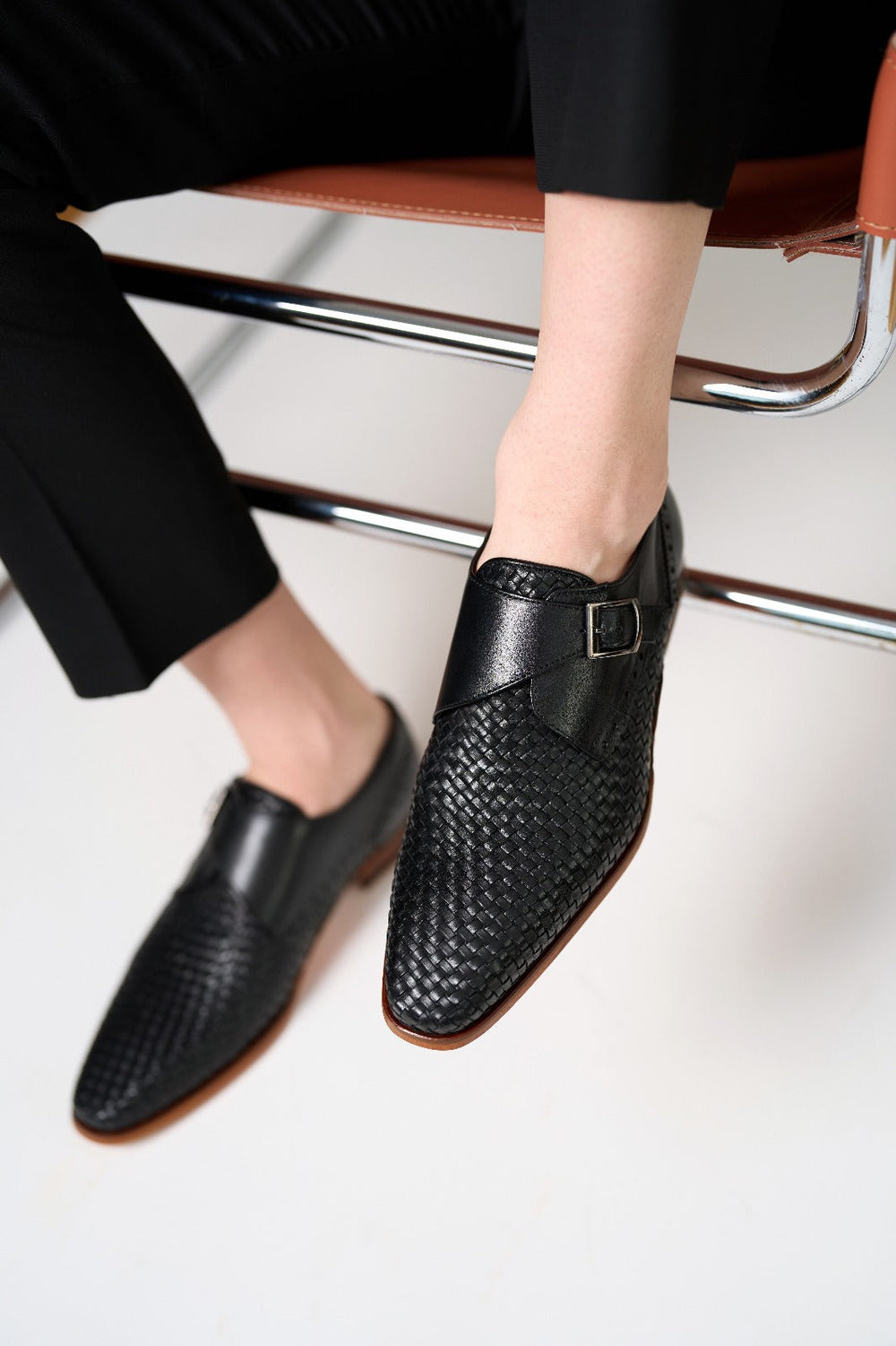 The Rolls  Woven Black Leather Single Monk Strap  Handmade Shoe All New