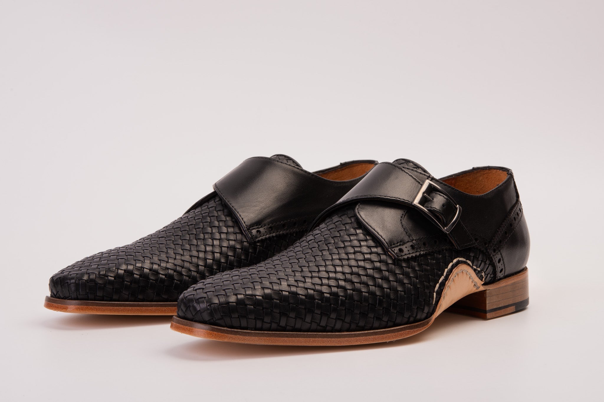 The Rolls  Woven Black Leather Single Monk Strap  Handmade Shoe All New