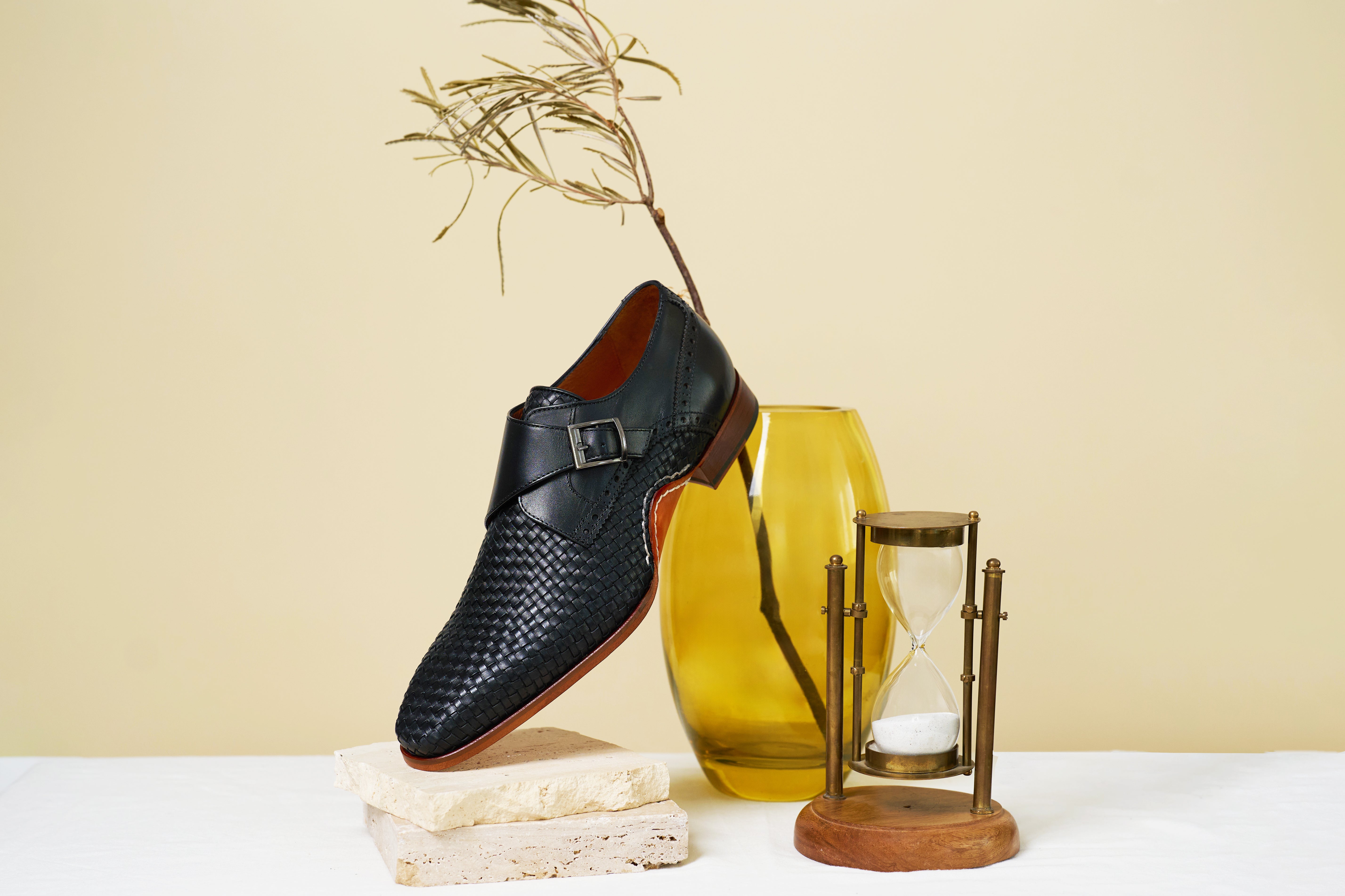 The Rolls  Woven Black Leather Single Monk Strap  Handmade Shoe All New