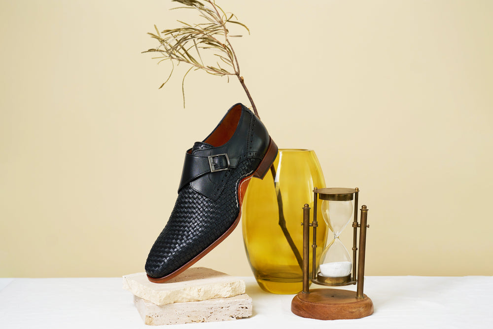 The Rolls  Woven Black Leather Single Monk Strap  Handmade Shoe All New