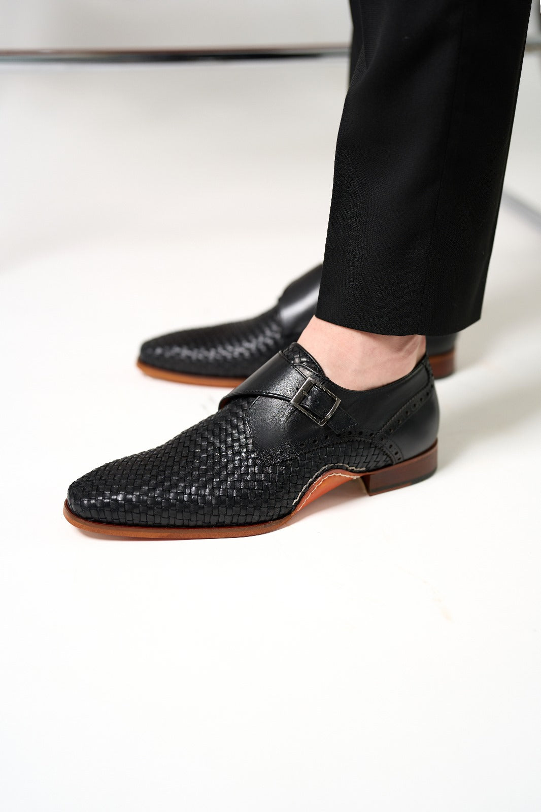 The Rolls  Woven Black Leather Single Monk Strap  Handmade Shoe All New