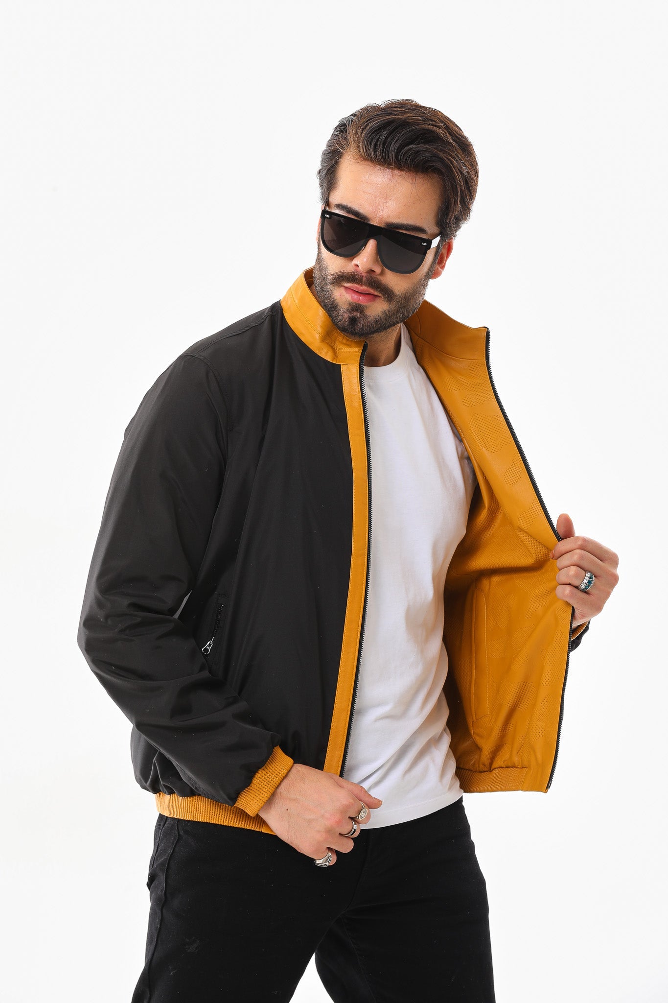 The Como Reversible Mustard Yellow Black Leather Bomber Jacket Exclusive Style