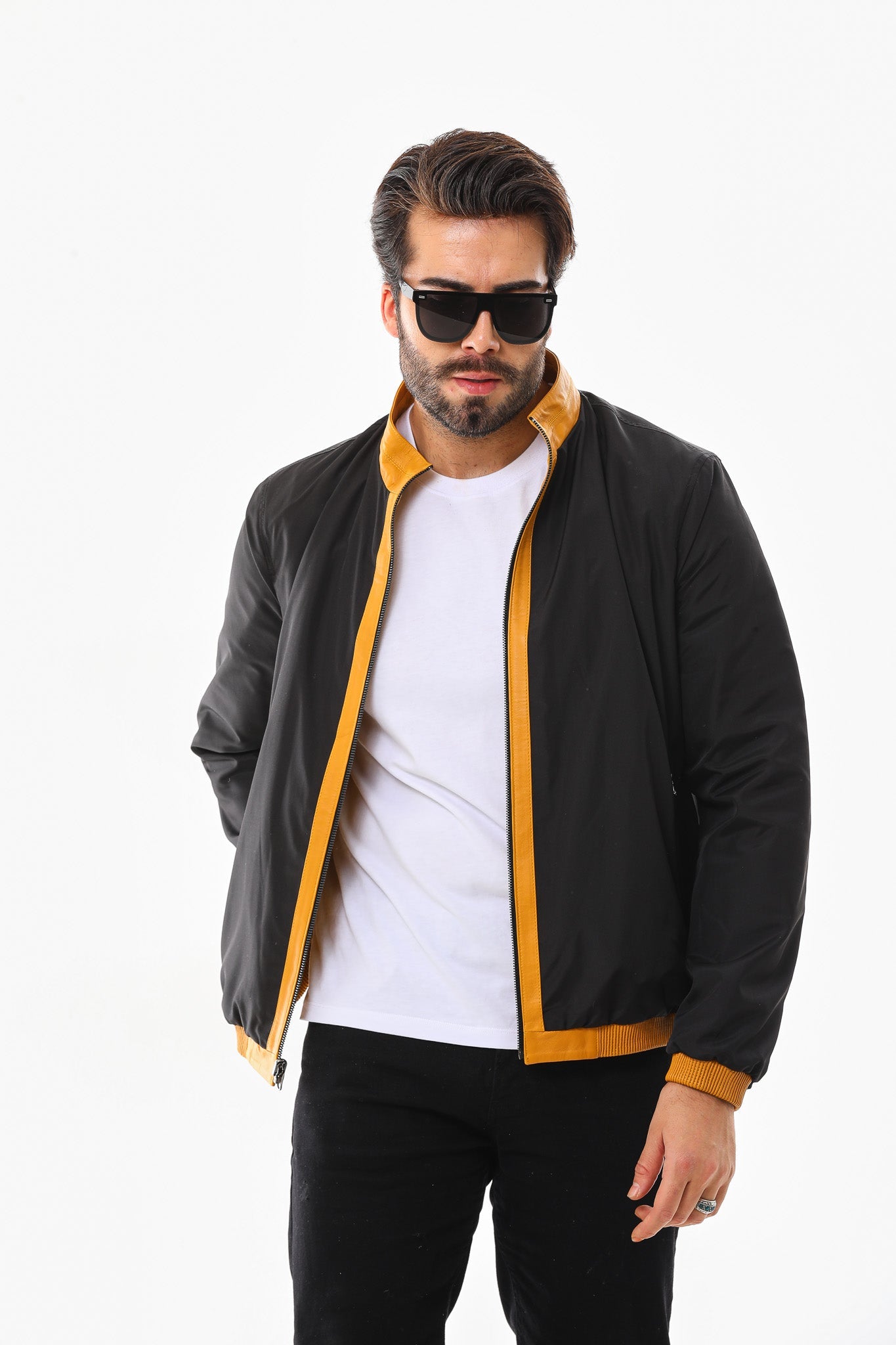 The Como Reversible Mustard Yellow Black Leather Bomber Jacket Exclusive Style
