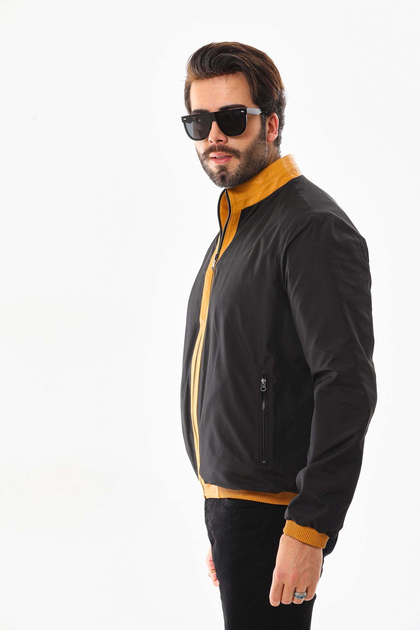 The Como Reversible Mustard Yellow Black Leather Bomber Jacket Exclusive Style