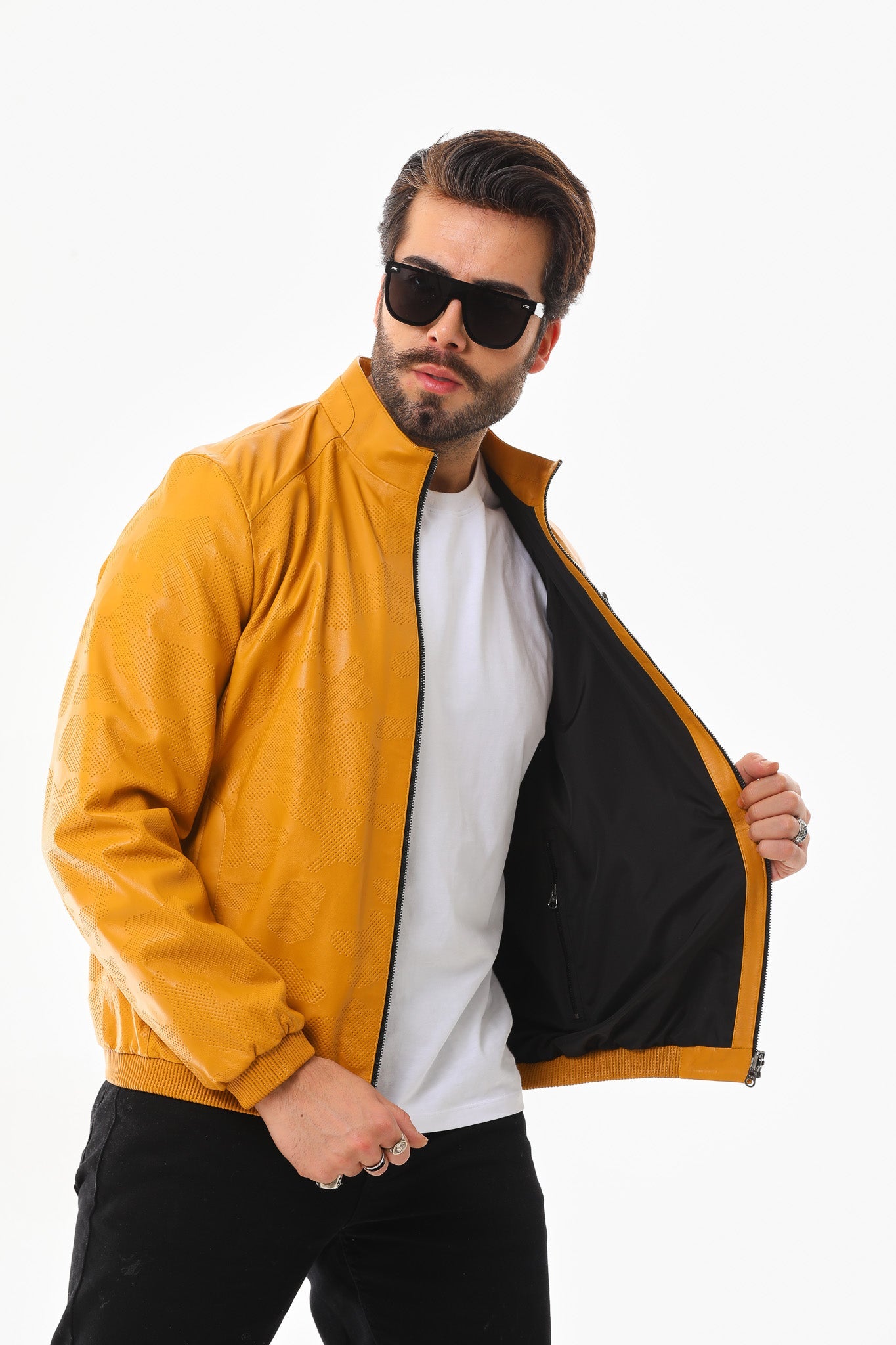 The Como Reversible Mustard Yellow Black Leather Bomber Jacket Exclusive Style