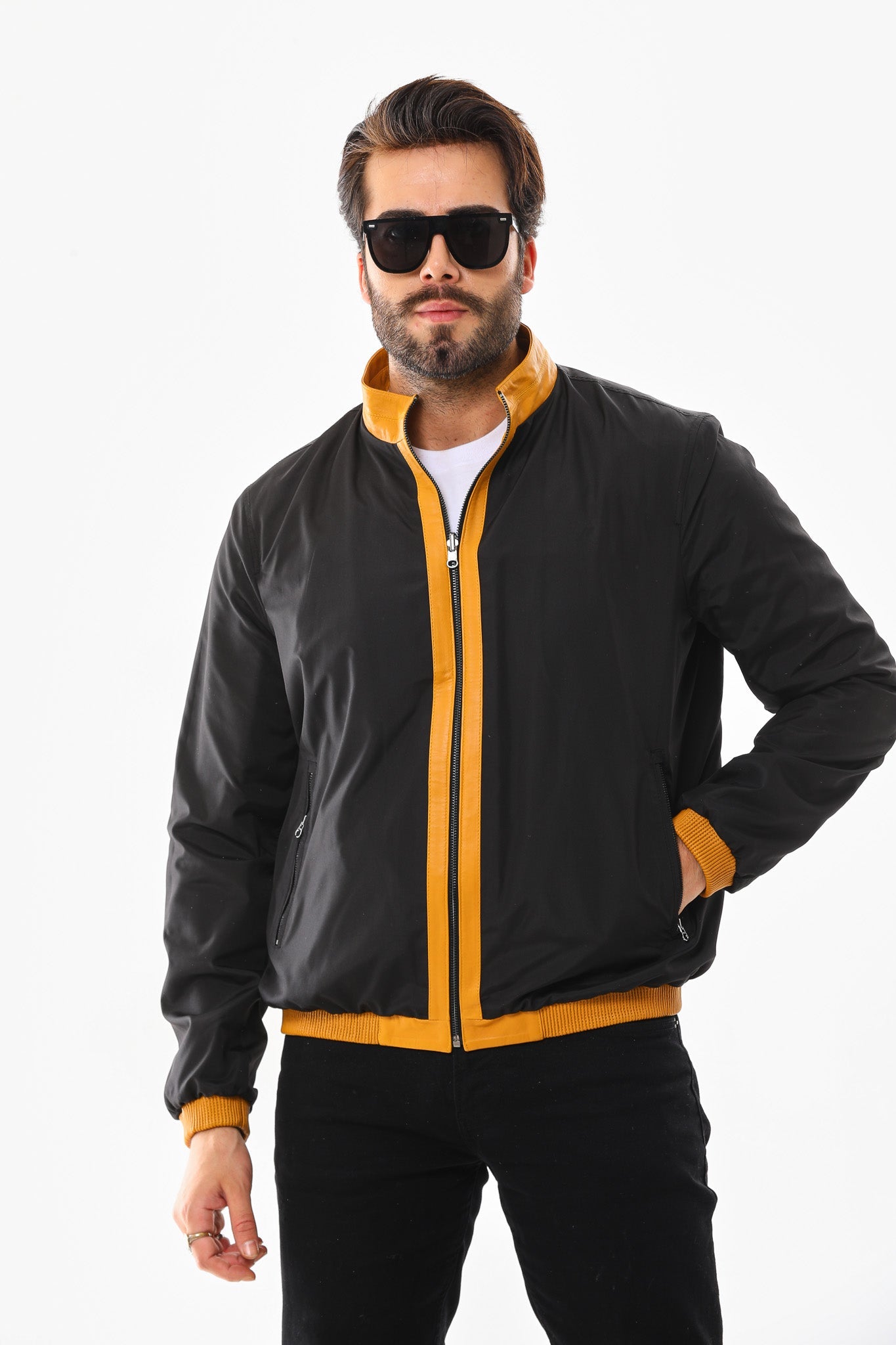 The Como Reversible Mustard Yellow Black Leather Bomber Jacket Exclusive Style