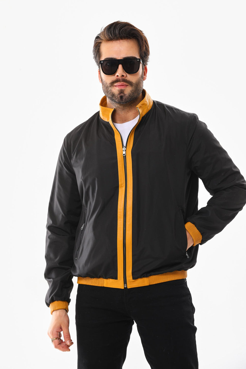 The Como Reversible Mustard Yellow Black Leather Bomber Jacket Exclusive Style