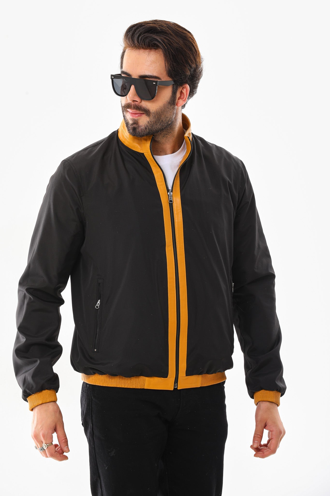 The Como Reversible Mustard Yellow Black Leather Bomber Jacket Exclusive Style