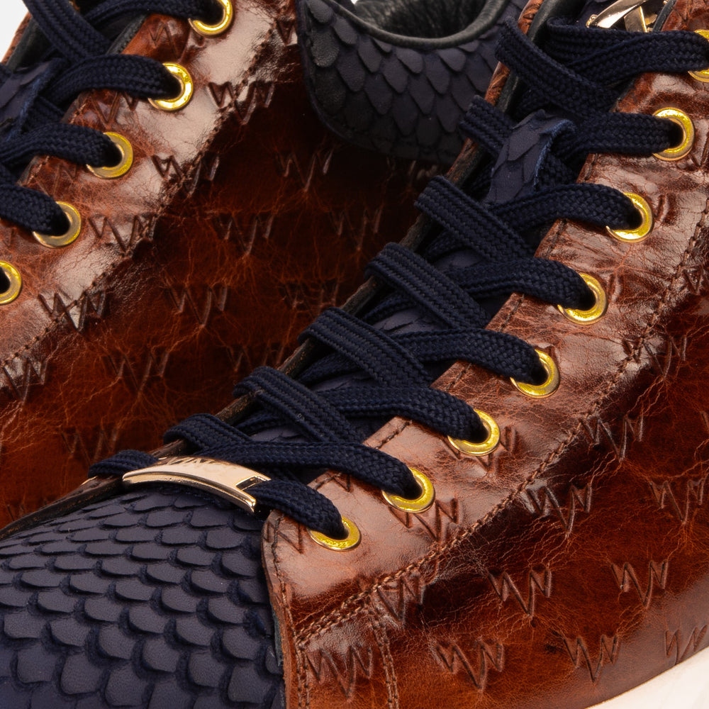 The Caesars Brown Navy Leather High-Top Sneaker Fine Craftsmanship