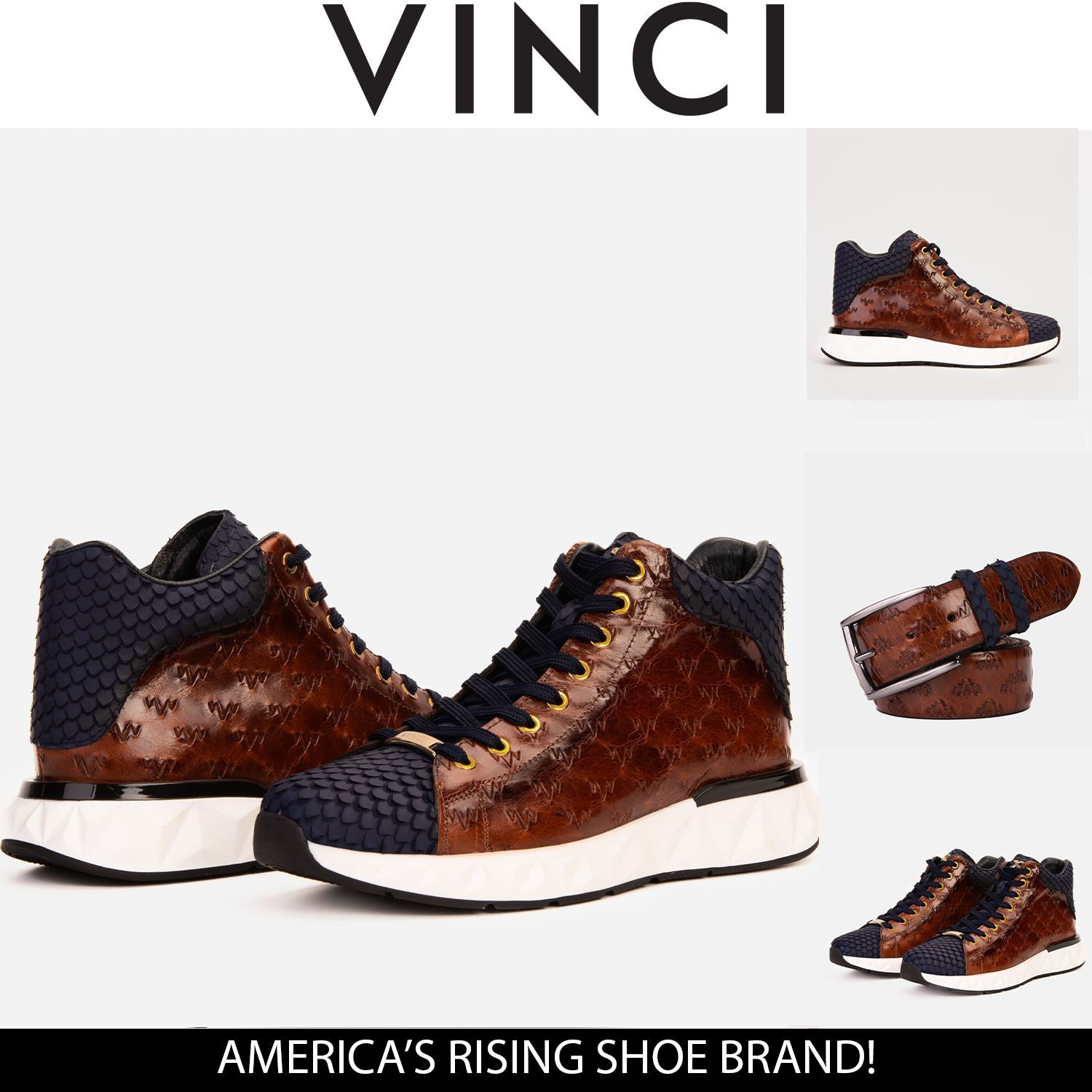 The Caesars Brown Navy Leather High-Top Sneaker Fine Craftsmanship