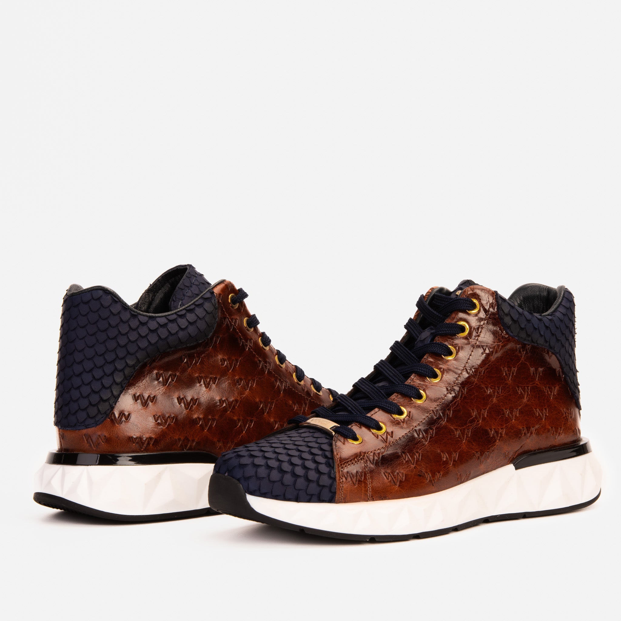 The Caesars Brown Navy Leather High-Top Sneaker Fine Craftsmanship