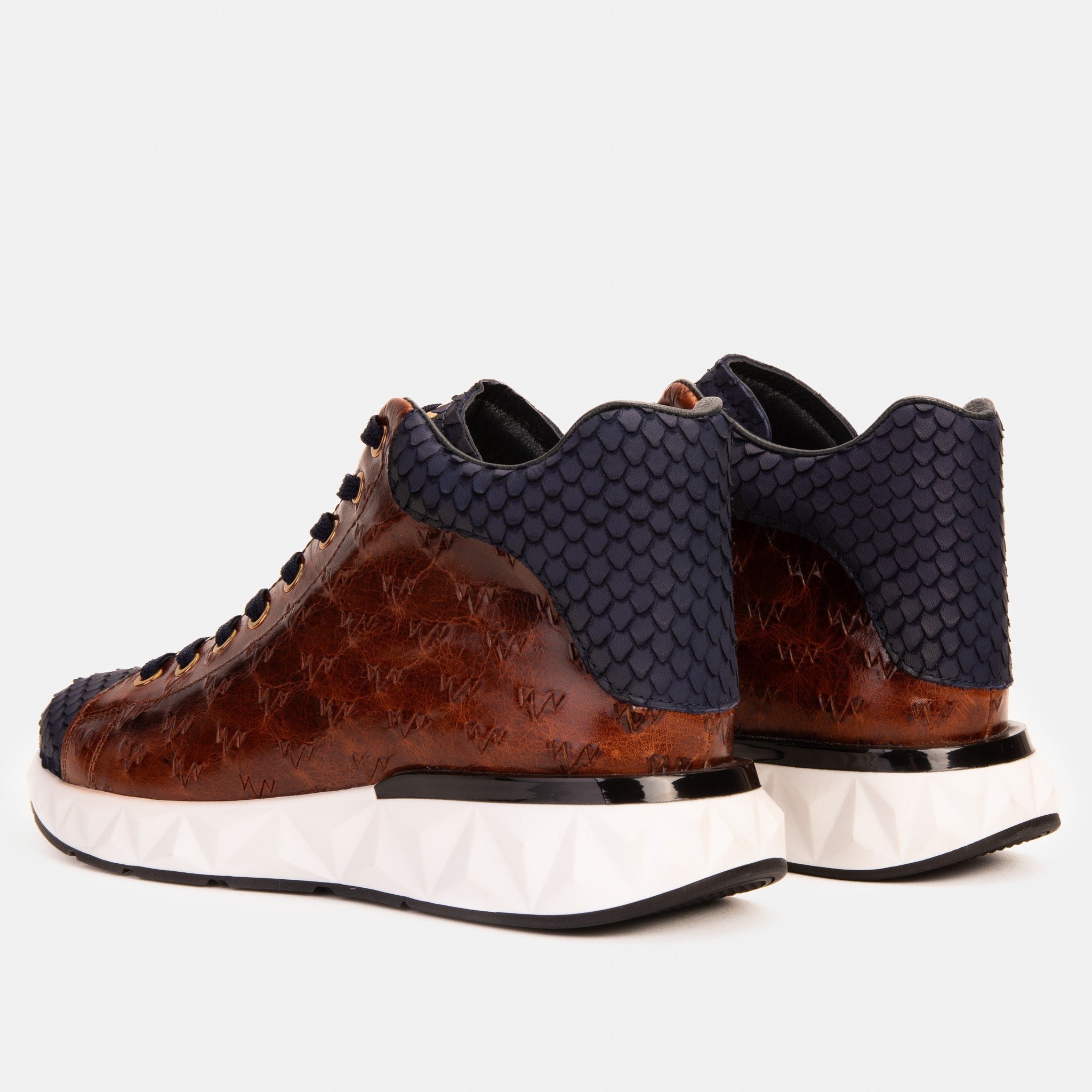 The Caesars Brown Navy Leather High-Top Sneaker Fine Craftsmanship