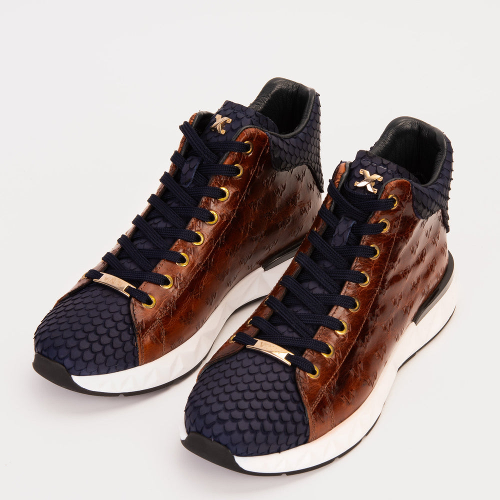 The Caesars Brown Navy Leather High-Top Sneaker Fine Craftsmanship