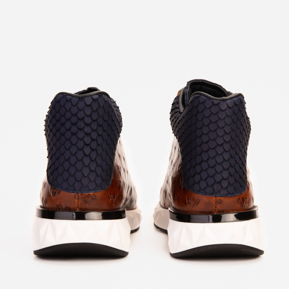 The Caesars Brown Navy Leather High-Top Sneaker Fine Craftsmanship