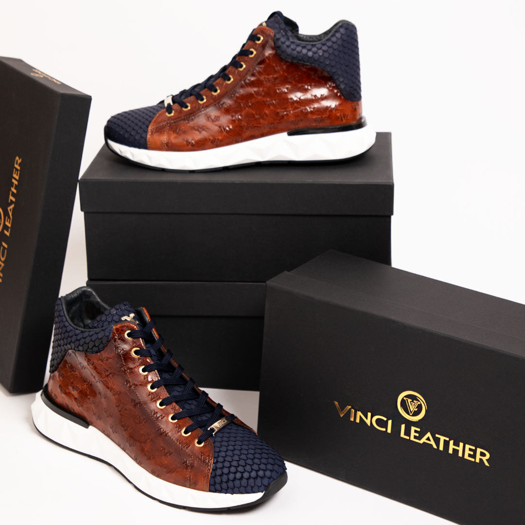The Caesars Brown Navy Leather High-Top Sneaker Fine Craftsmanship